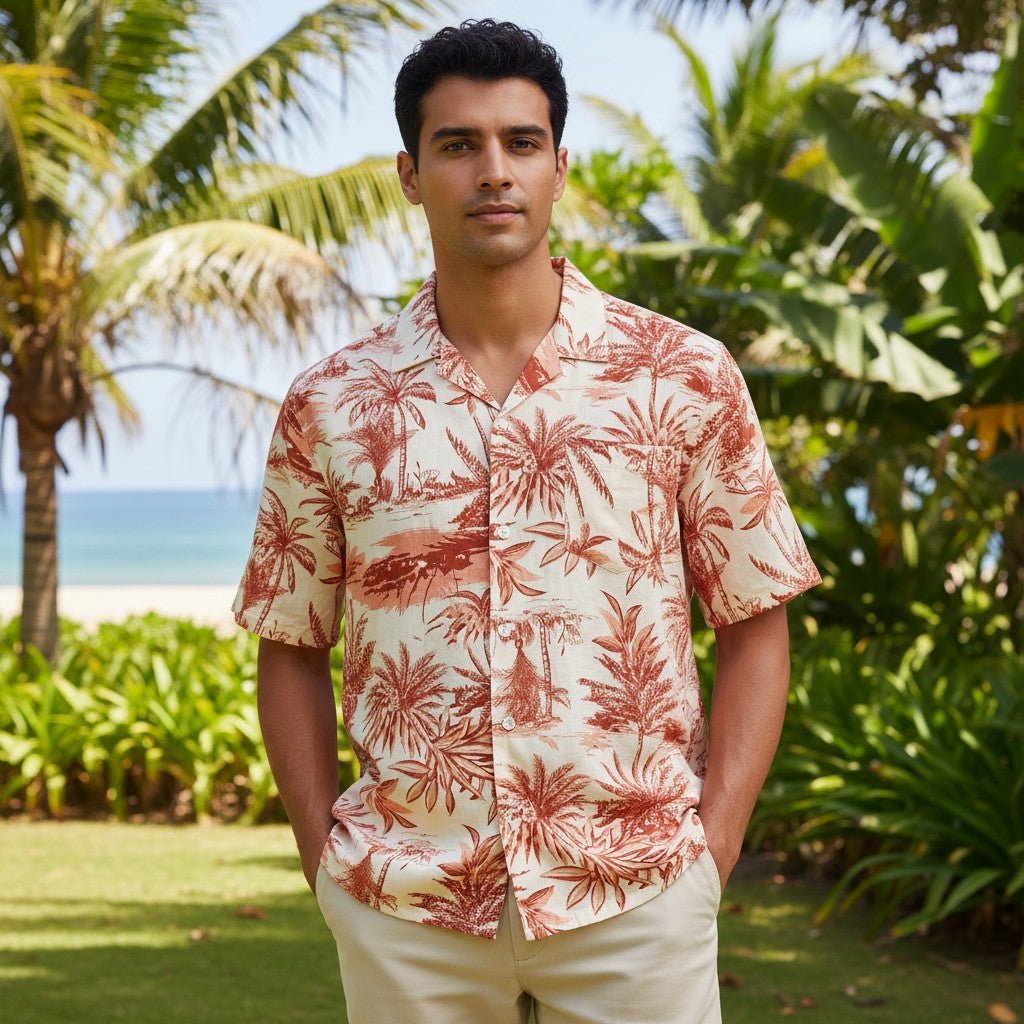 Model wearing the Kaimana Kona Sunset Hawaiian shirt