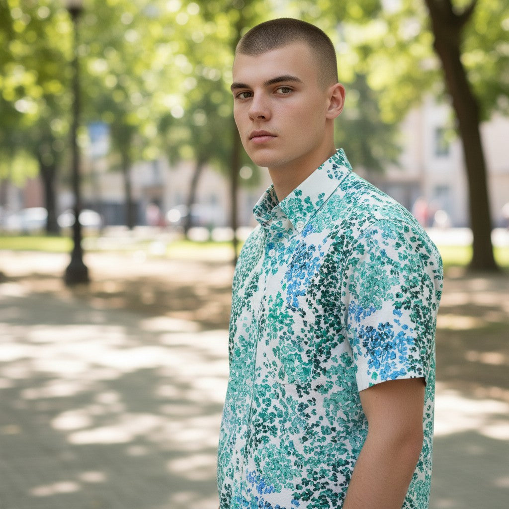 Model wearing the Kaimana Lanai Reef Hawaiian shirt