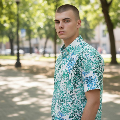 Model wearing the Kaimana Lanai Reef Hawaiian shirt