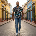 Model wearing the Kaimana Molokai Night Hawaiian shirt