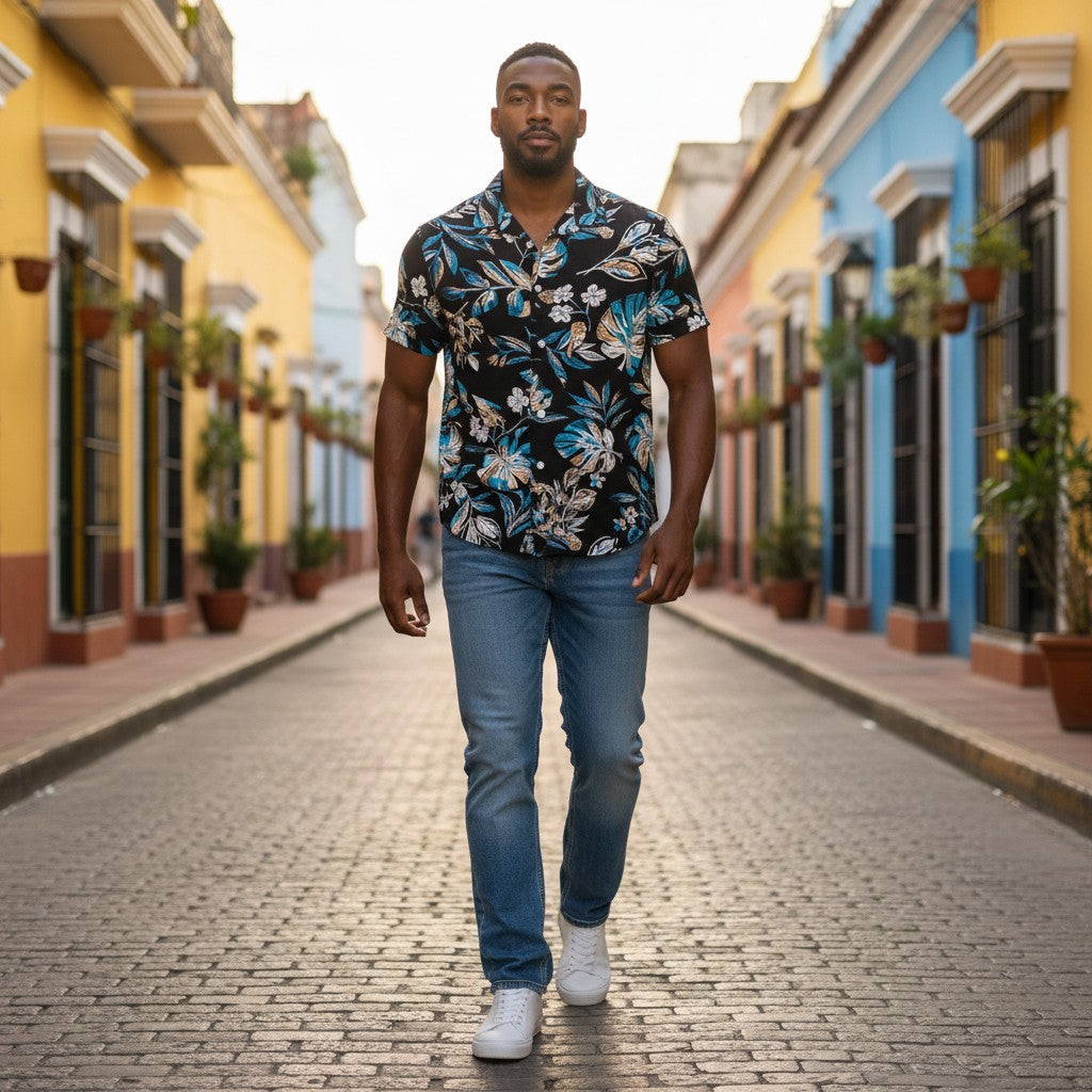 Model wearing the Kaimana Molokai Night Hawaiian shirt