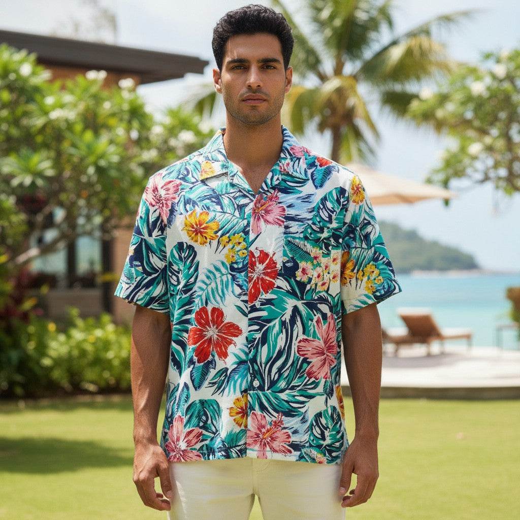 Model wearing the Kaimana Wailea Hibiscus Hawaiian shirt
